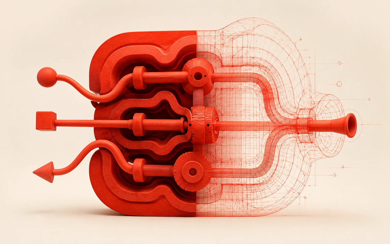 A tactile red industrial system transitioning into a precise engineering wireframe